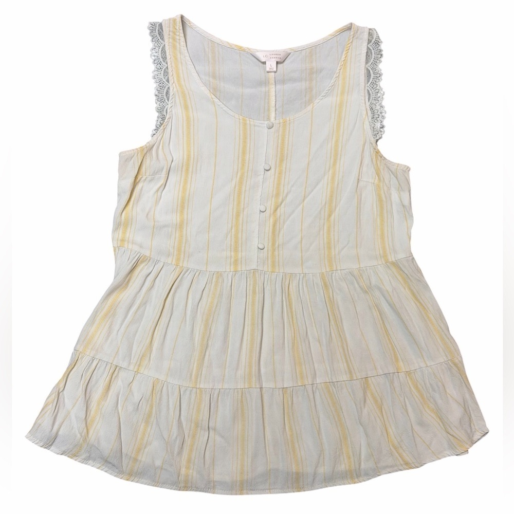 LC Lauren Conrad Boho Sun-Drenched Stripe Lace Trim Tiered Peplum Tank Large - Picture 2 of 5